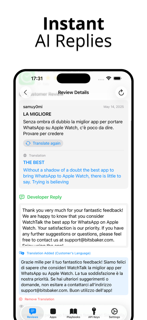 Review Agent: Reply to Apps - Mobile app interface of Review Agent showing AI powered review translation and automated developer responses