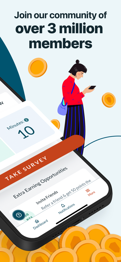 Branded Surveys: Paid rewards - Branded Surveys App-Bildschirm, der eine Community von 3 Millionen Mitgliedern und Verdienstmöglichkeiten anzeigt
