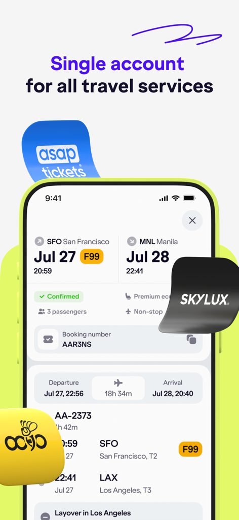 Dreampass - Dreampass mobile app screen showing flight booking details from San Francisco to Manila and integrated travel services from ASAP Tickets SkyLux and Oojo