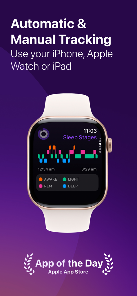 Pillow: Sleep Tracker - Pillow sleep tracker app showing sleep stages analysis on an Apple Watch screen