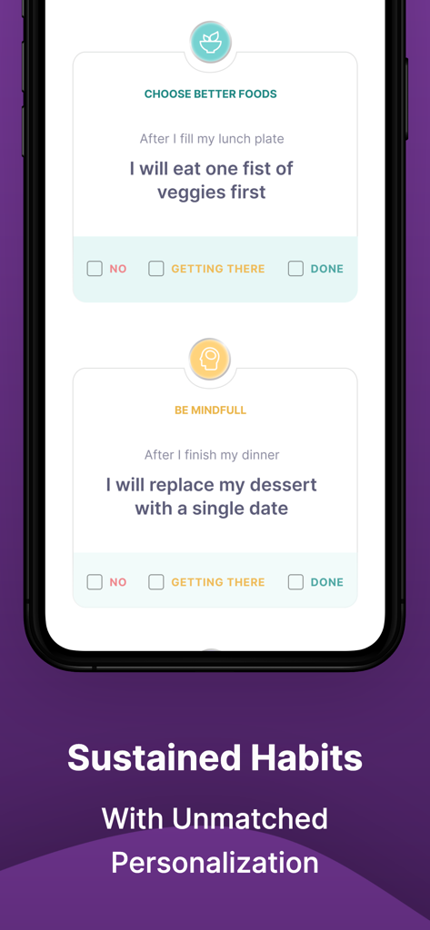Sugar fit app screen showing personalized daily health habits and tracking for diabetes reversal