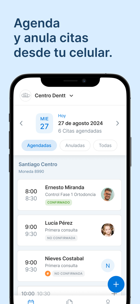 Healthatom: Dentalink Medilink - Interface de l'application Healthatom montrant un emploi du temps quotidien de rendez-vous de dentiste avec les noms et heures des patients