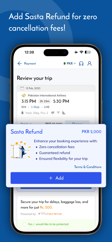 Sastaticket mobile app screen featuring the Sasta Refund option for zero cancellation fees during flight booking