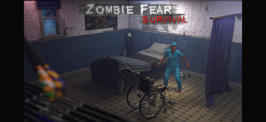 Scary zombie nurse in a psychiatric hospital room with a wheelchair and bed