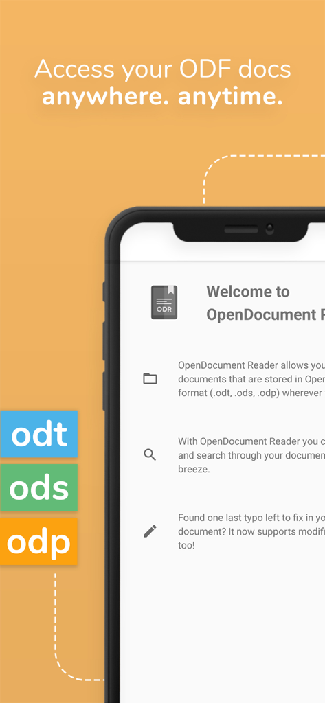 OpenDocument Reader mobile app interface showing ODT ODS and ODP file format support on an iPhone