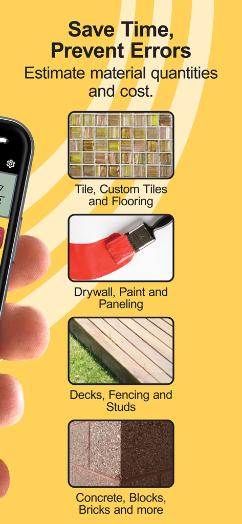 Uma lista de materiais de construção que o aplicativo Calculadora Estimadora pode calcular, incluindo azulejos, tinta, decks e concreto.