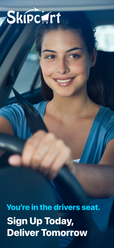 Skipcart Delivery Driver - Una mujer sonriente en el asiento del conductor con el logo de Skipcart y una llamada a la acción para registrarse