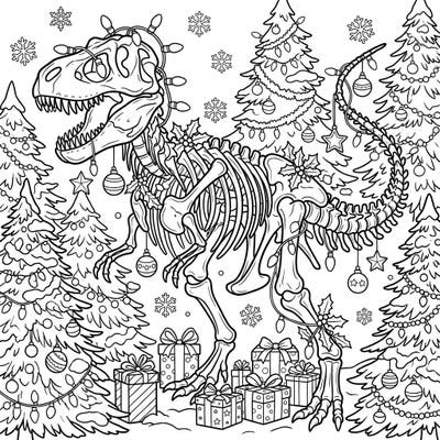Dive into a prehistoric holiday adventure with this unique T-Rex fossil skeleton coloring page, brilliantly decked out for Christmas. Perfect for dinosaur enthusiasts and festive coloring fans alike, this intricate design promises hours of creative fun.