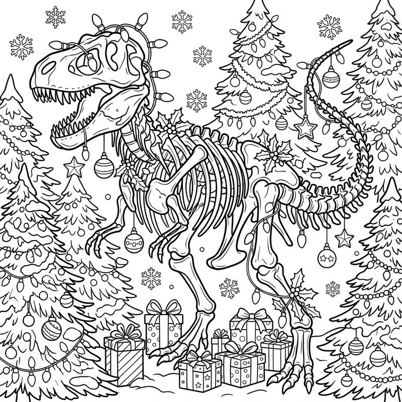 Dive into a prehistoric holiday adventure with this unique T-Rex fossil skeleton coloring page, brilliantly decked out for Christmas. Perfect for dinosaur enthusiasts and festive coloring fans alike, this intricate design promises hours of creative fun.