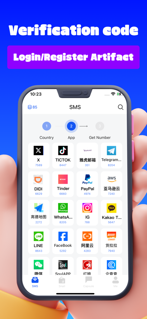 Interfaz de la aplicación SMS 2Number mostrando varias aplicaciones compatibles para recibir códigos de verificación por SMS.