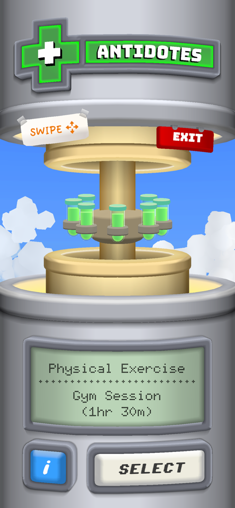 Anti-Goon: Quit Gooning - Interface de l'application Anti-Goon montrant l'écran Antidotes avec une suggestion de séance de sport d'une heure et trente minutes comme exercice physique.