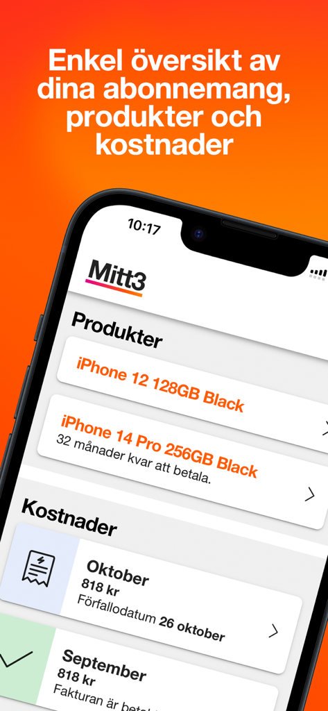 Mitt3 app dashboard displaying mobile products and monthly billing details