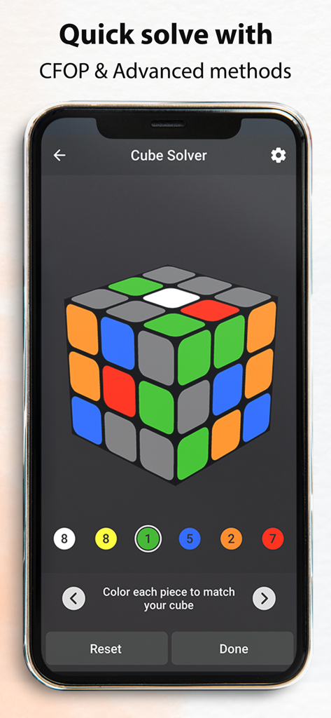 Cube Solver app interface showing a 3D cube with manual color input for quick solving using CFOP methods.