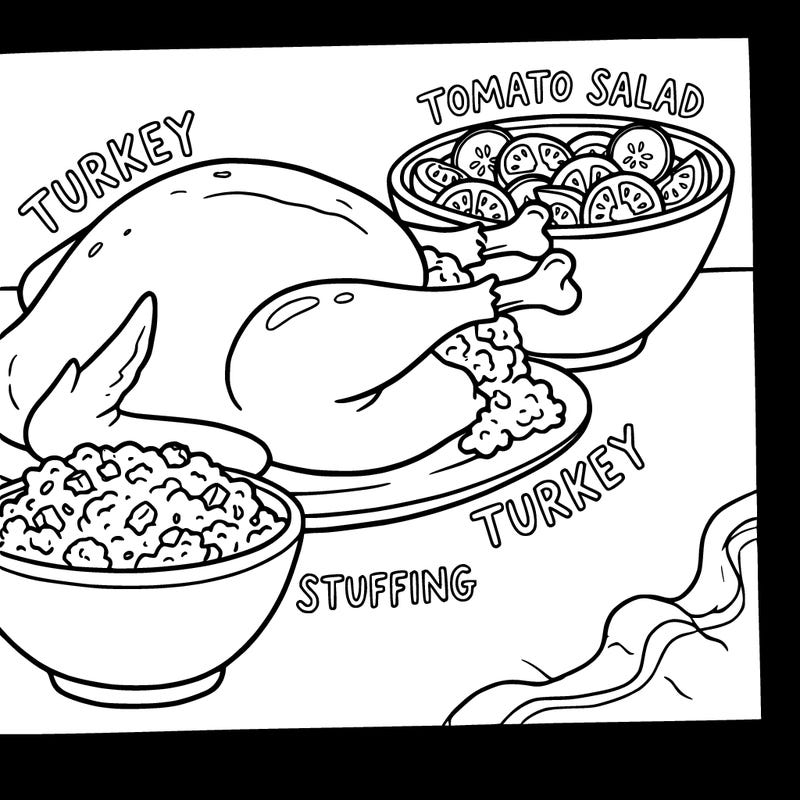 thanksgiving food, including turkey, tomato salad, and stuffing