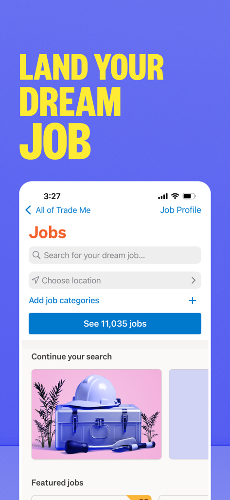 Trade Me: Property, Jobs, Shop - Die Jobsuche-Oberfläche in der Trade Me App mit einer Suchleiste, einem Standortselektor und Jobkategorien.