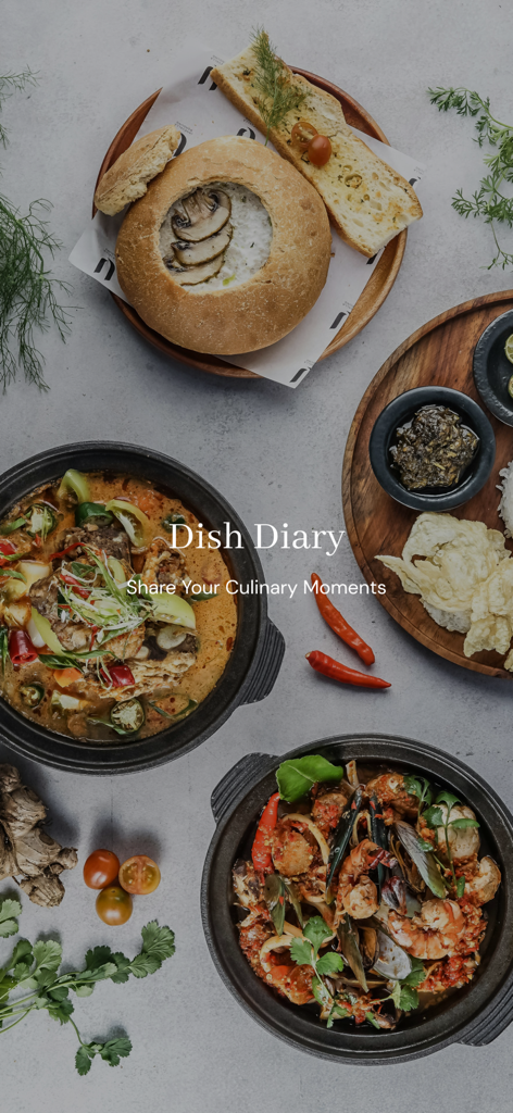 Dish Diary: Connect with Food - 様々なグルメ料理のトップダウンビューと、Dish Diary Share Your Culinary Momentsというテキスト