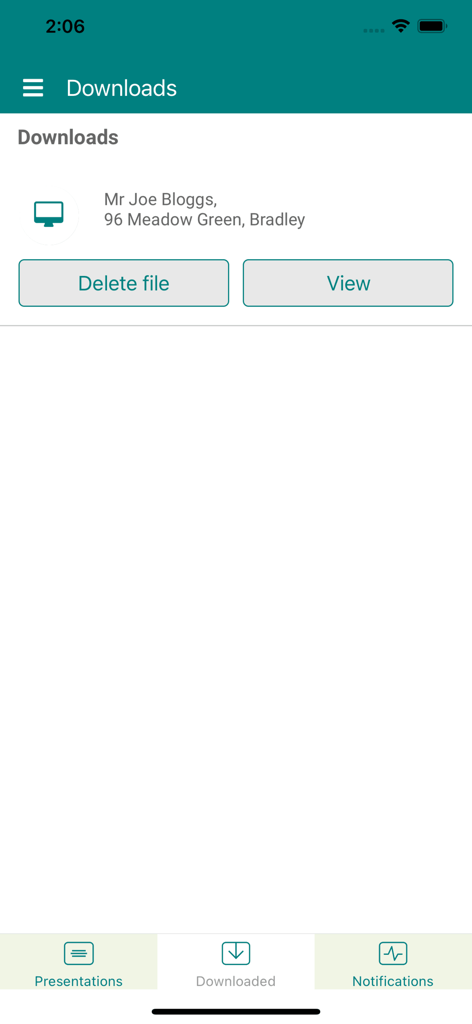 Acaboom - Acaboom-App-Oberfläche, die den Download-Bildschirm mit einer gespeicherten Immobilienpräsentation zur Offline-Anzeige zeigt