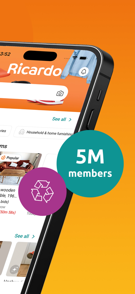 Ricardo App-Startbildschirm mit Angeboten für gebrauchte Produkte, einem Abzeichen für fünf Millionen Mitglieder und einem Nachhaltigkeitssymbol
