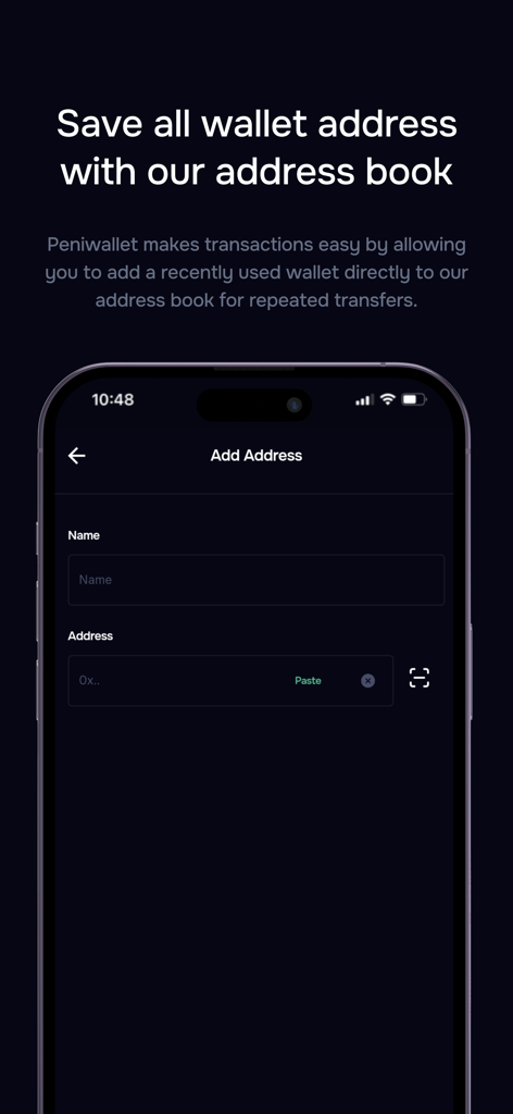 Peniwallet - Pantalla de la aplicación Peniwallet mostrando la función de libro de direcciones para transferencias de criptomonedas