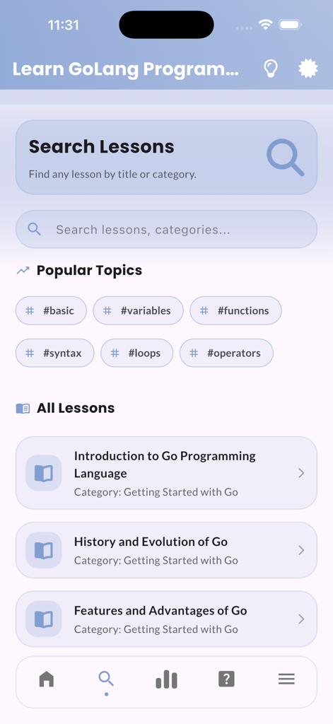 Learn Go Lang | GoPrgramming - Schermata di ricerca delle lezioni nell'app di programmazione Impara Go Lang che mostra argomenti popolari come funzioni e cicli