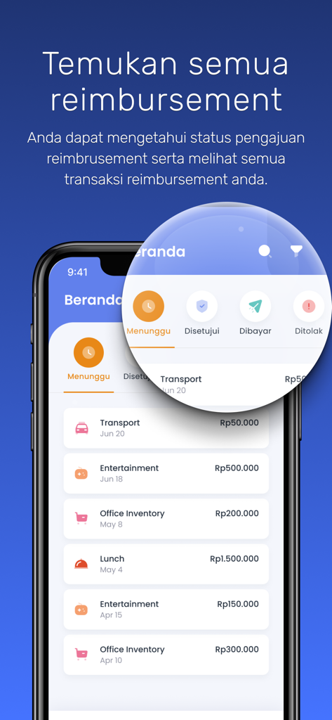 Apollo Xendit - Mobile interface of the Apollo Xendit app displaying a list of business expense reimbursements and their current approval status.