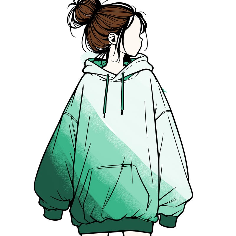 realistic girl with a oversized sweatshirt on and a bun