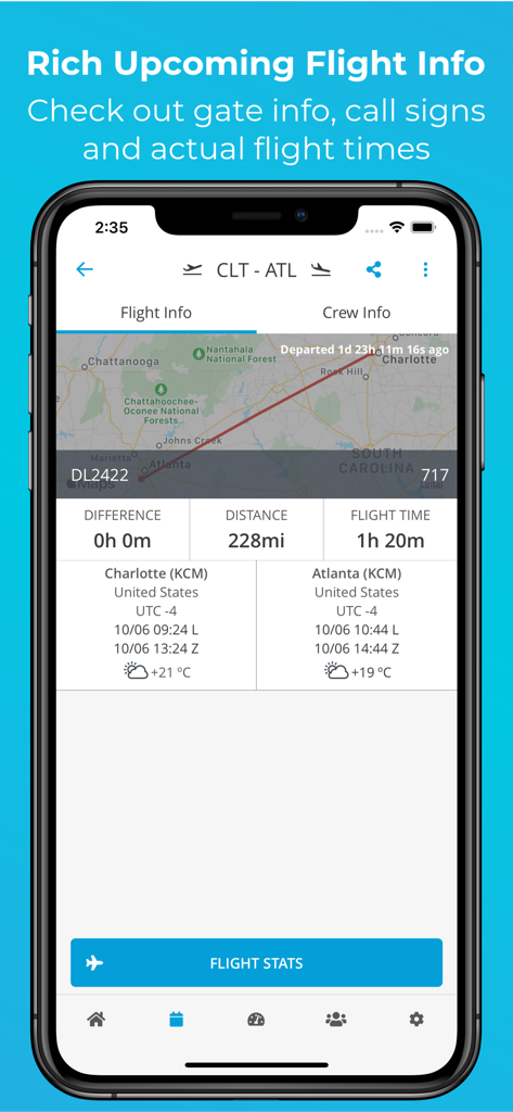 RosterBuster Crew App - RosterBuster app interface showing flight details and map for a route from Charlotte to Atlanta.