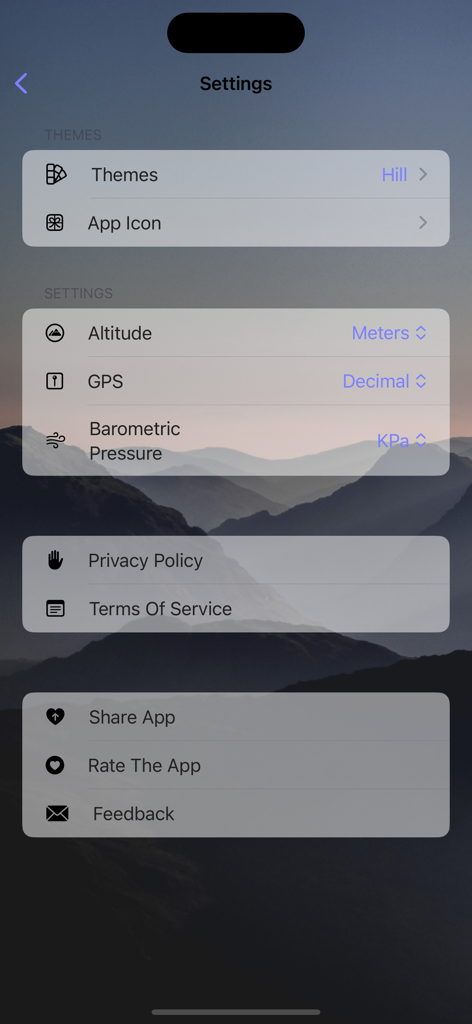 Altimeter GPS Barometer - Settings menu of the Altimeter GPS Barometer app showing customization options for altitude units and theme selection