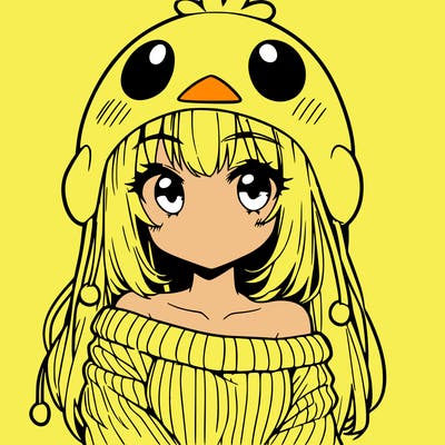 anime girl with chick shaped hat with sweater with bare shoulders with bangs covering them one eye with low tail