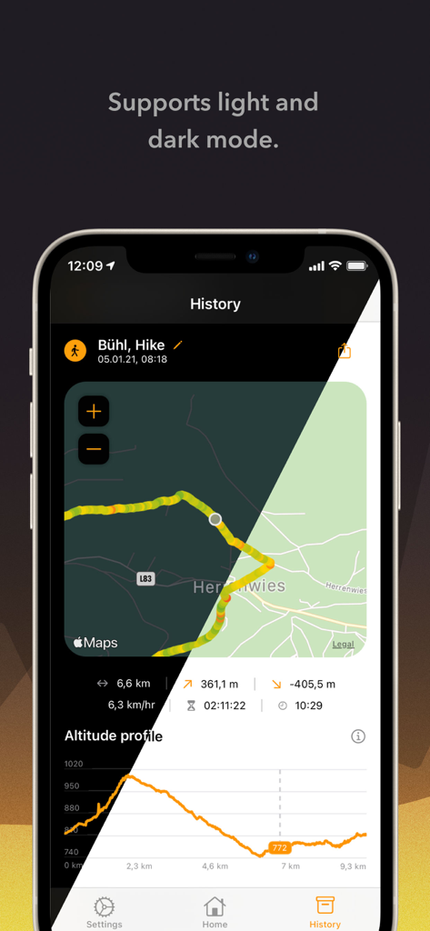 Baloc: Your altitude profile - Screenshot of the Baloc app history screen showing a split view of light and dark modes with a hike route and altitude profile