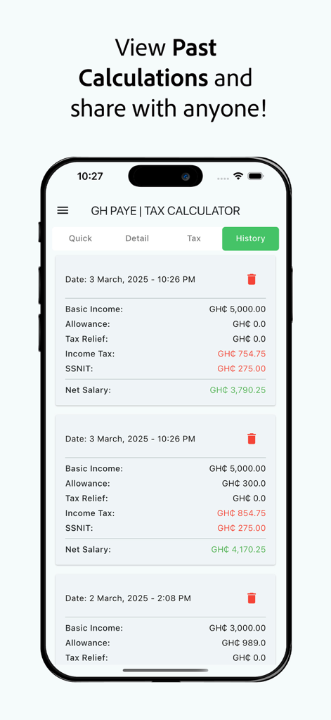 PAYE Calculator - Ghana PAYE - A mobile app screen showing a list of previous tax calculations including basic income deductions and net salary