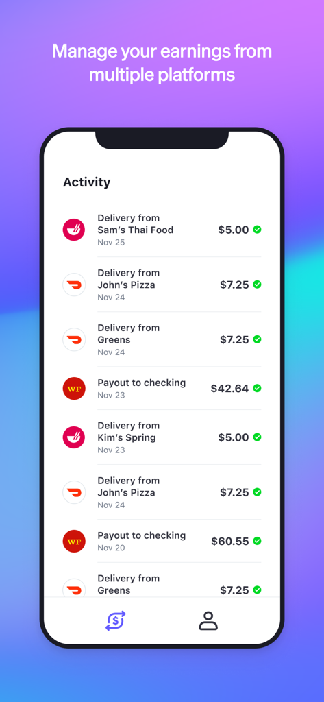 Interface móvel do aplicativo Stripe Express mostrando uma lista de ganhos de várias plataformas de entrega e pagamentos bancários