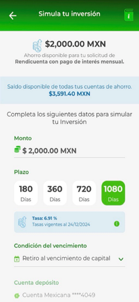 Pantalla del simulador de inversiones en la app CPM Movil Plus
