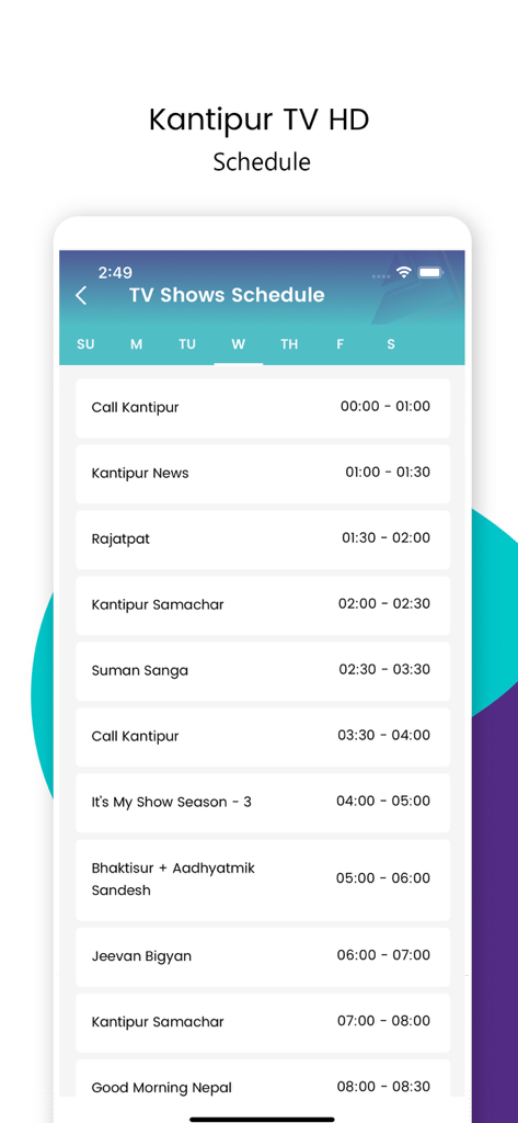 Kantipur TV HD - A mobile app interface showing the daily TV show schedule for Kantipur TV HD