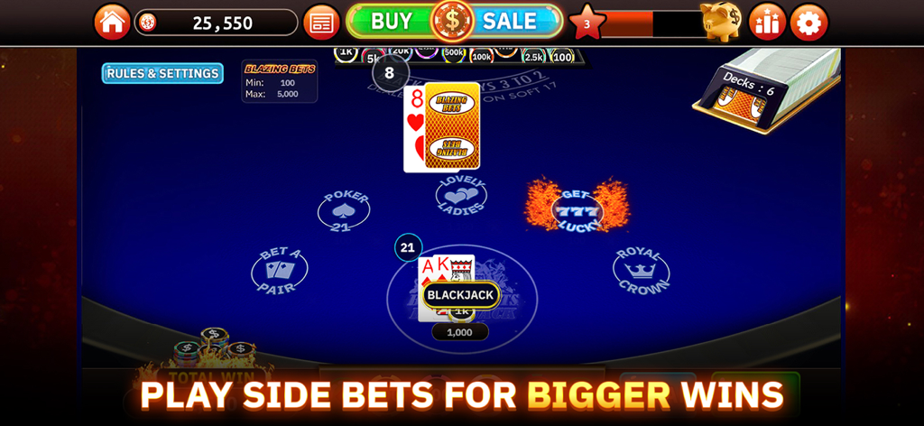 Blazing Bets Blackjack gameplay showing side bet circles and a winning blackjack hand on a blue casino table.