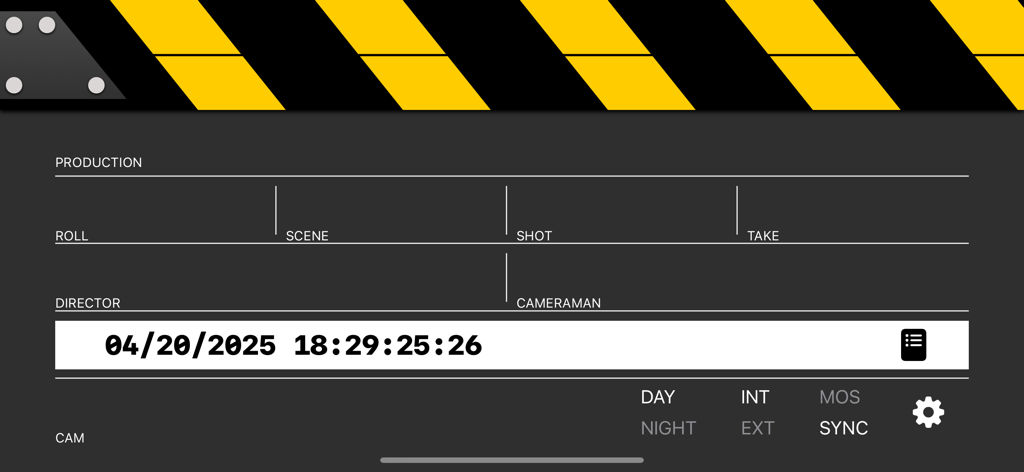 ClapperBoard - Scene Tracker - Interface of the ClapperBoard app showing a digital film slate with fields for production scene and take info