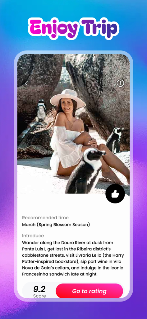 Kiso - A screenshot of the Kiso app displaying a travel destination with a photo of a woman on a beach with penguins and a rating score of 9.2.