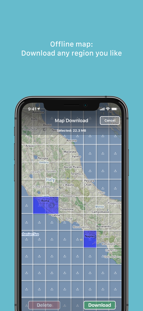 MapOut - Screenshot of the MapOut app showing the offline map download interface with a grid selection over Italy