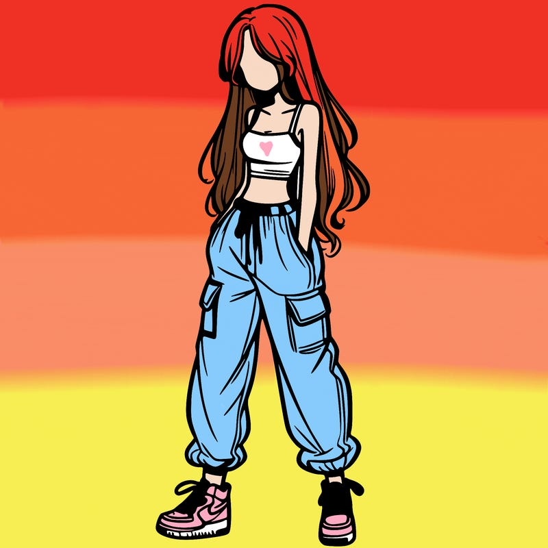girl in baggy pants crop top and long hair