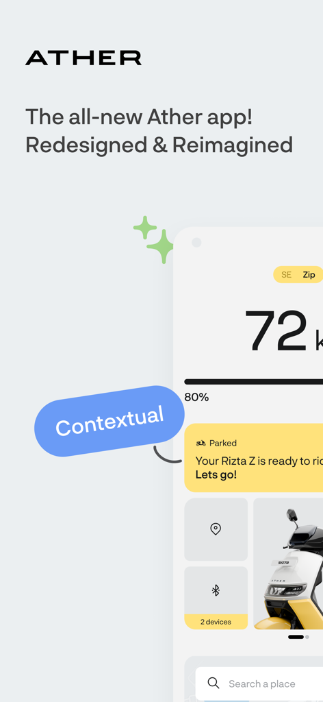 Ather - Redesigned Ather app dashboard showing scooter battery range and status