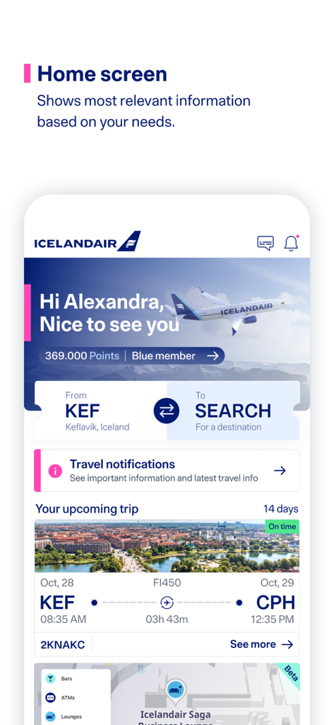Icelandair - Pantalla de inicio de la aplicación móvil de Icelandair que muestra los próximos detalles del vuelo y los puntos Saga Club