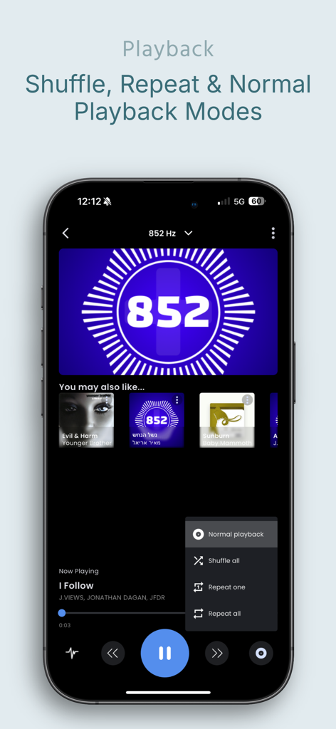 852 Player Plus - Interface do aplicativo 852 Player Plus mostrando as configurações de reprodução, incluindo modos aleatório e de repetição em uma tela de iPhone