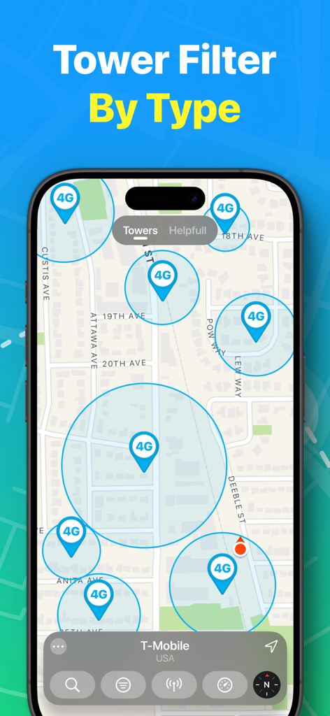 Captura de tela do aplicativo móvel mostrando um mapa com torres de celular 4G filtradas e cobertura de rede para T-Mobile USA