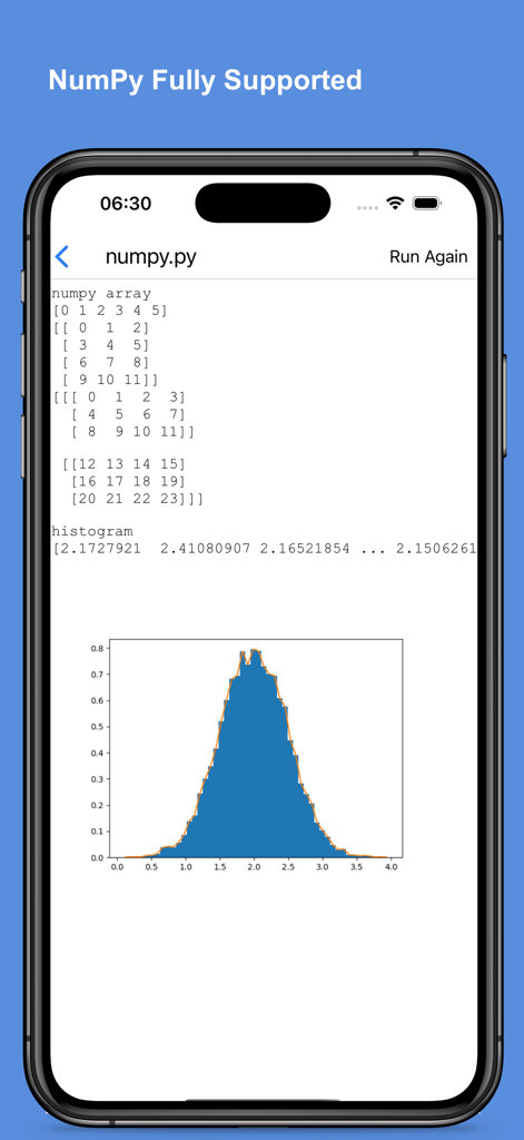 Python Coding IDE - Python Coding IDE app showing NumPy array output and a generated histogram plot on a mobile screen.