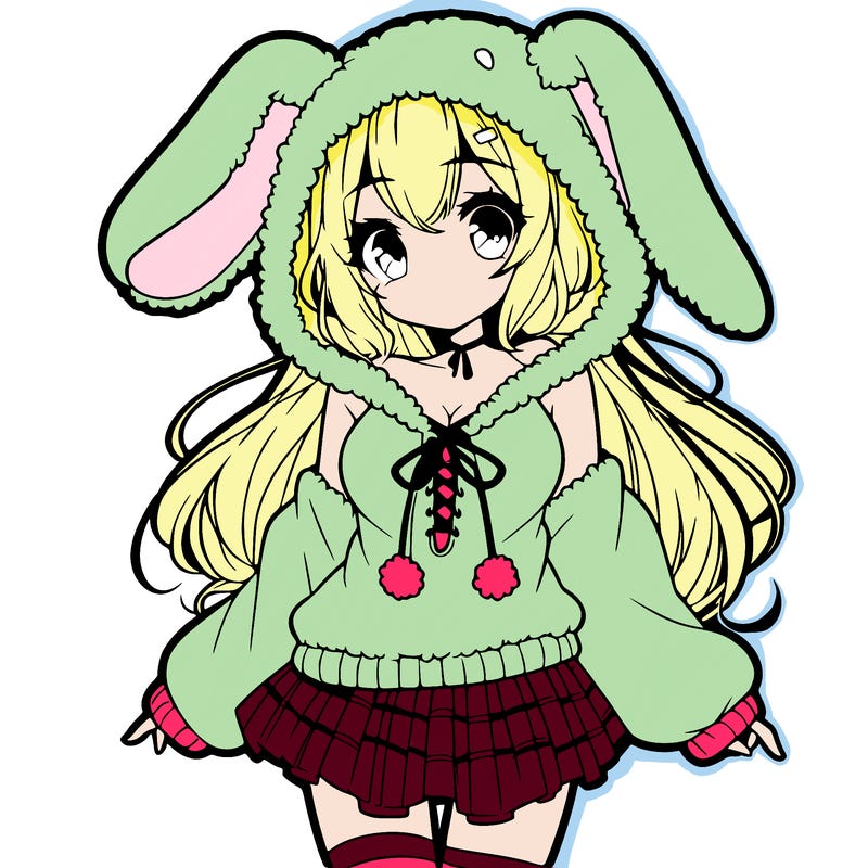 pretty anime girl wearing a fluffy hoodie with bunny ears on the hood and a skirt