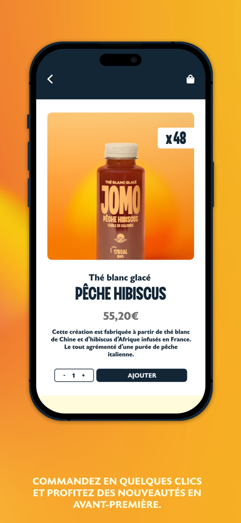 JOMO CLUB - Screenshot of JOMO CLUB app showing a wholesale product page for Peach Hibiscus Iced White Tea with price and add to cart button.