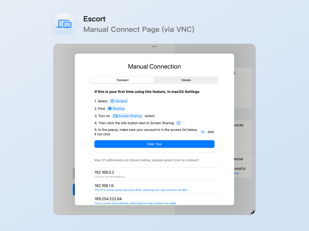Escort (EscortApp) - Escort 앱의 VNC 및 화면 공유를 위한 수동 연결 화면