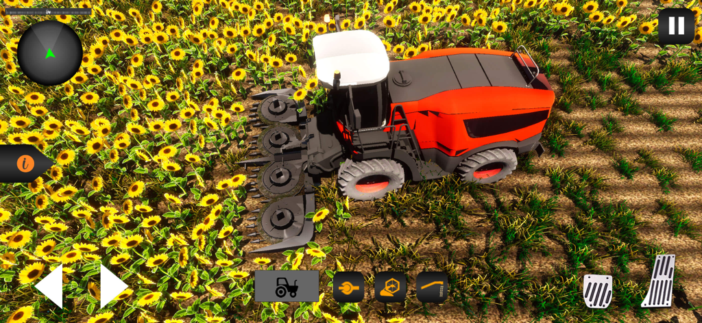 Tractor Farming Simulator 23 - Una cosechadora roja cosechando un campo de girasoles en un juego de simulador de agricultura