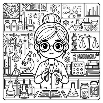 Ignite curiosity with this delightful coloring page featuring a cheerful scientist in her bustling laboratory. Filled with intricate details of beakers, microscopes, and experiments, it's perfect for budding scientists and creative minds.
