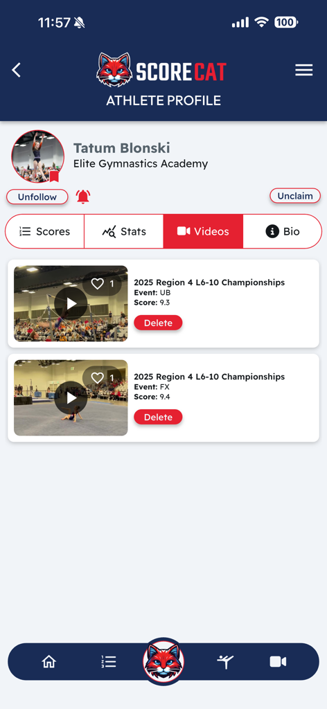ScoreCat athlete profile screen displaying gymnastics competition videos and event scores